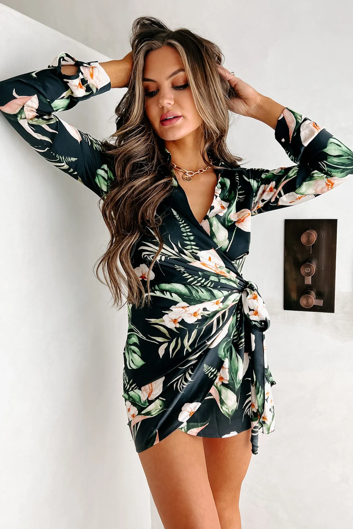 Dreaming Of Sunny Days Tropical Print Wrap Dress (Black)