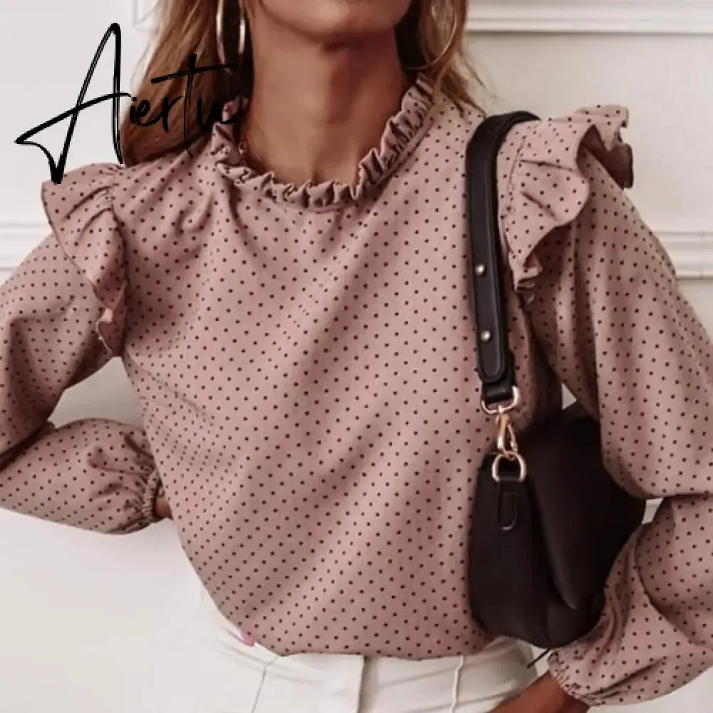Elegant Print Ruffle Buttons Shirt Blouse Women O Neck Pullover Tops Blusa Spring Autumn Long Sleeve Polka Dot Blouse Streetwear