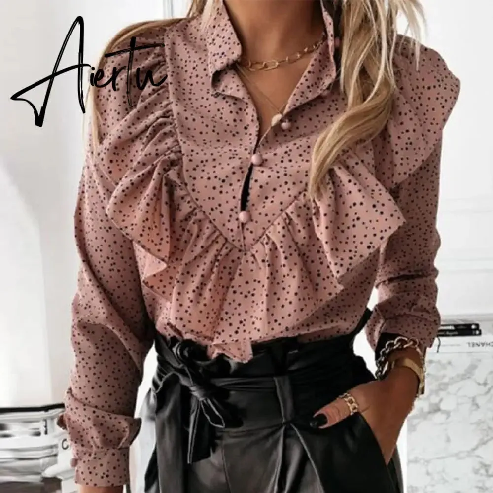Elegant Print Ruffle Buttons Shirt Blouse Women O Neck Pullover Tops Blusa Spring Autumn Long Sleeve Polka Dot Blouse Streetwear