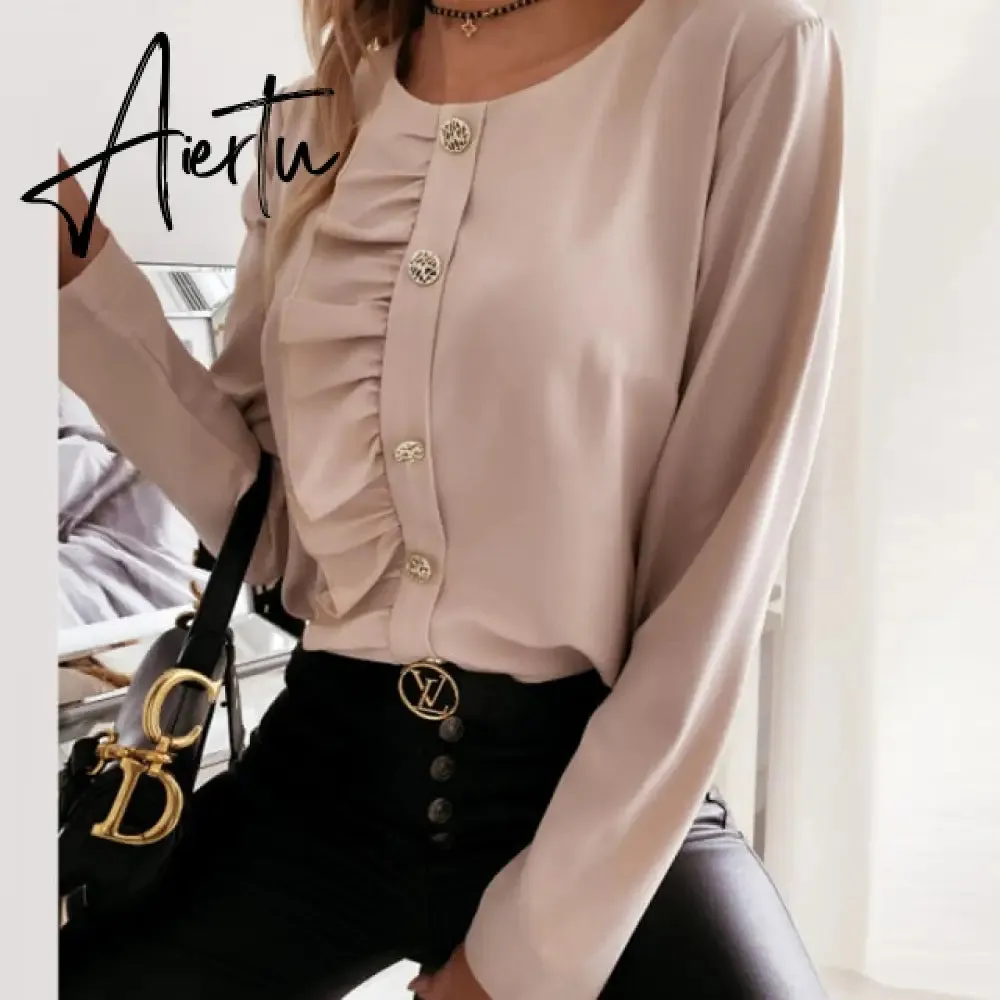 Elegant Print Ruffle Buttons Shirt Blouse Women O Neck Pullover Tops Blusa Spring Autumn Long Sleeve Polka Dot Blouse Streetwear