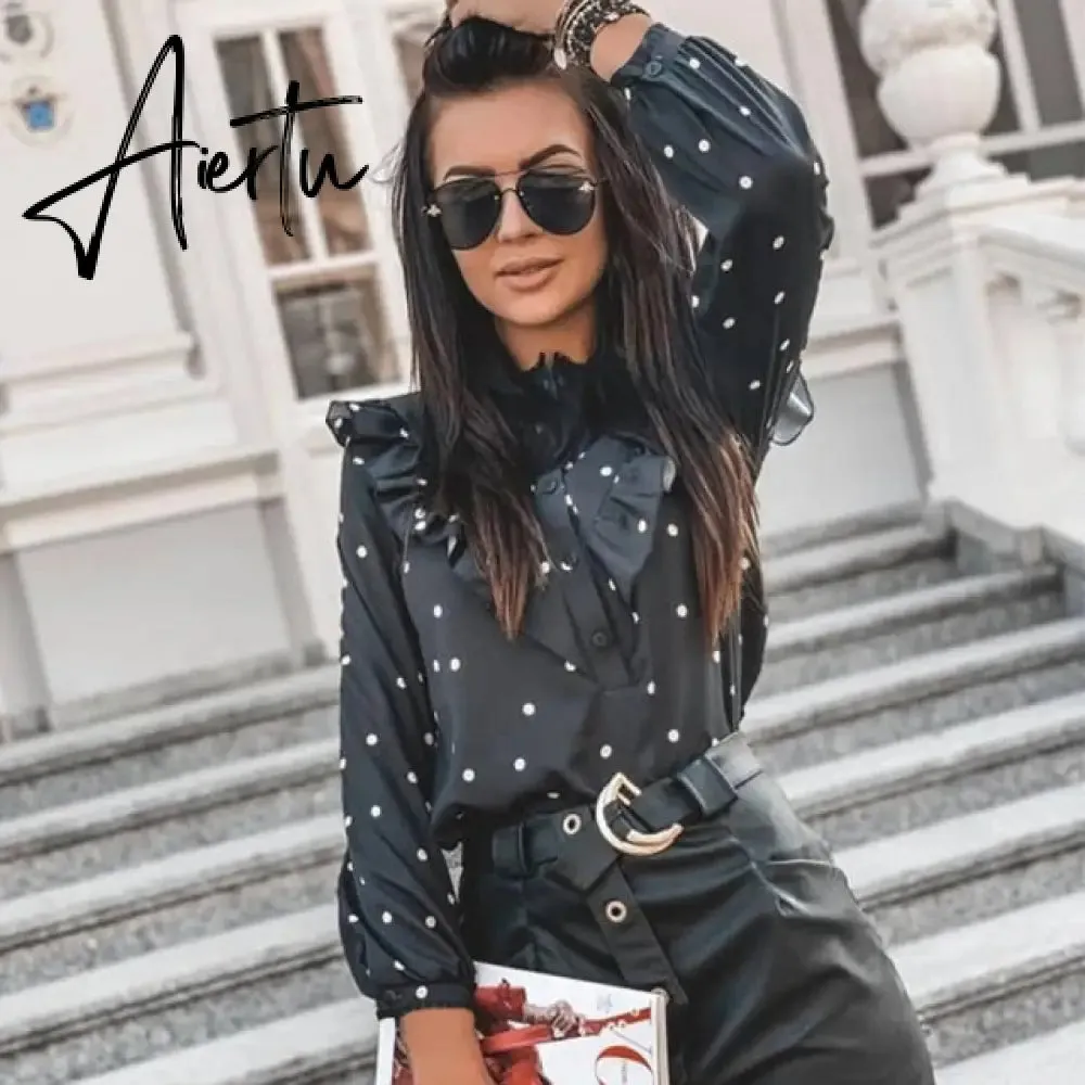 Elegant Print Ruffle Buttons Shirt Blouse Women O Neck Pullover Tops Blusa Spring Autumn Long Sleeve Polka Dot Blouse Streetwear