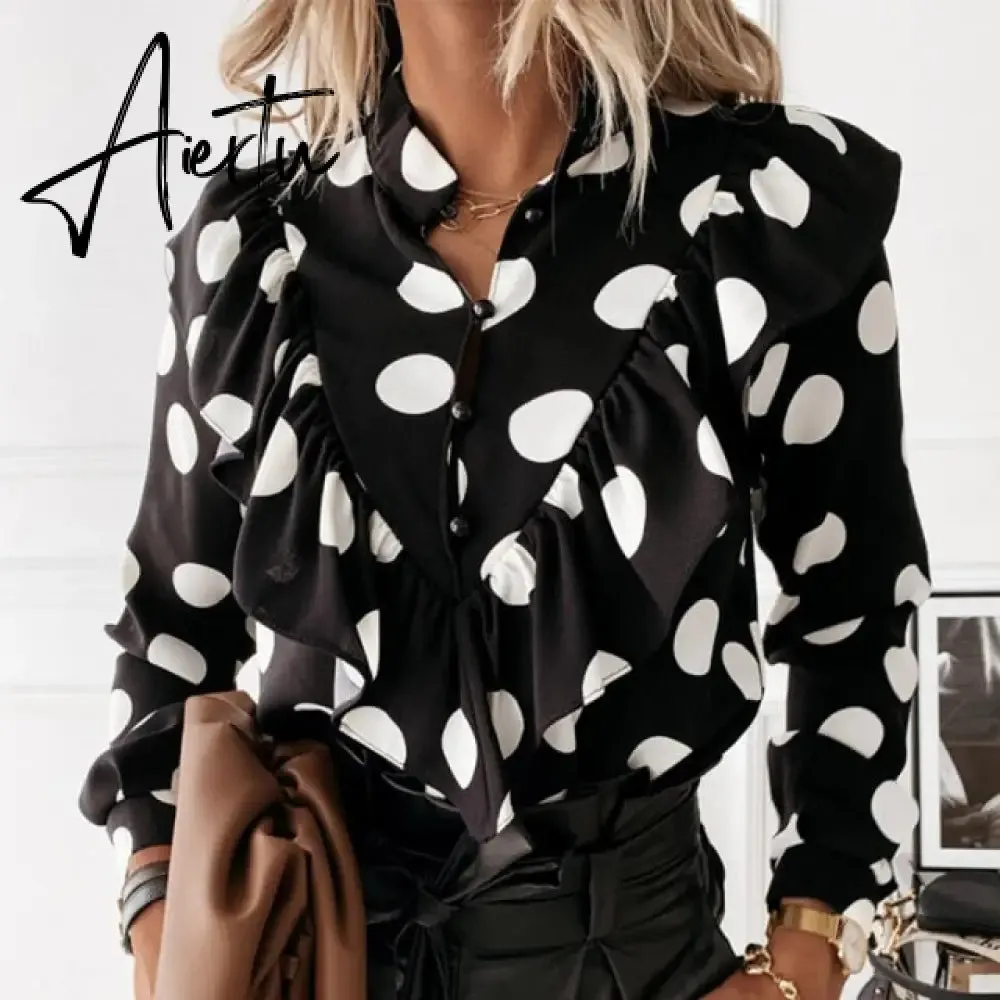 Elegant Print Ruffle Buttons Shirt Blouse Women O Neck Pullover Tops Blusa Spring Autumn Long Sleeve Polka Dot Blouse Streetwear