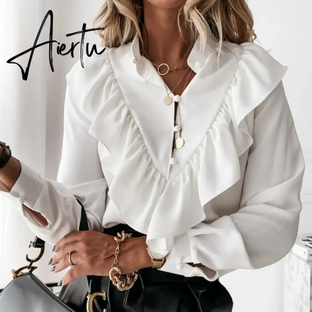 Elegant Print Ruffle Buttons Shirt Blouse Women O Neck Pullover Tops Blusa Spring Autumn Long Sleeve Polka Dot Blouse Streetwear