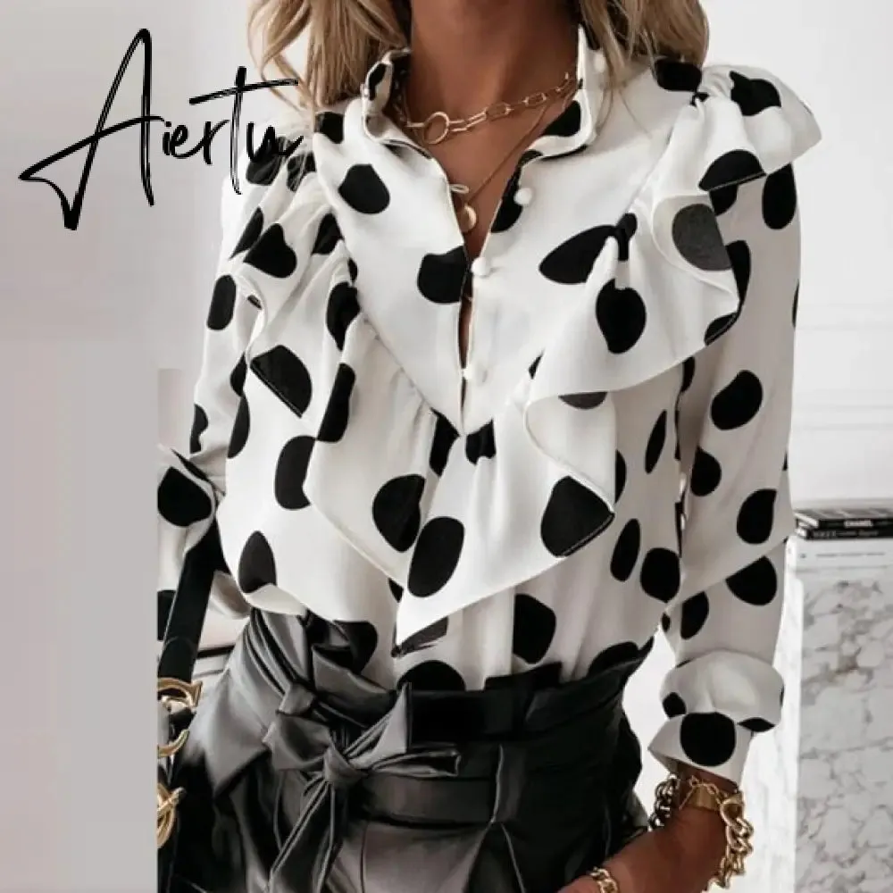 Elegant Print Ruffle Buttons Shirt Blouse Women O Neck Pullover Tops Blusa Spring Autumn Long Sleeve Polka Dot Blouse Streetwear