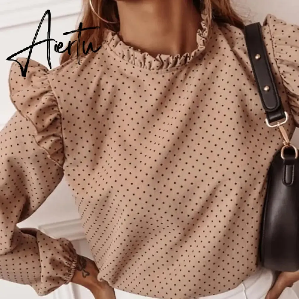 Elegant Print Ruffle Buttons Shirt Blouse Women O Neck Pullover Tops Blusa Spring Autumn Long Sleeve Polka Dot Blouse Streetwear