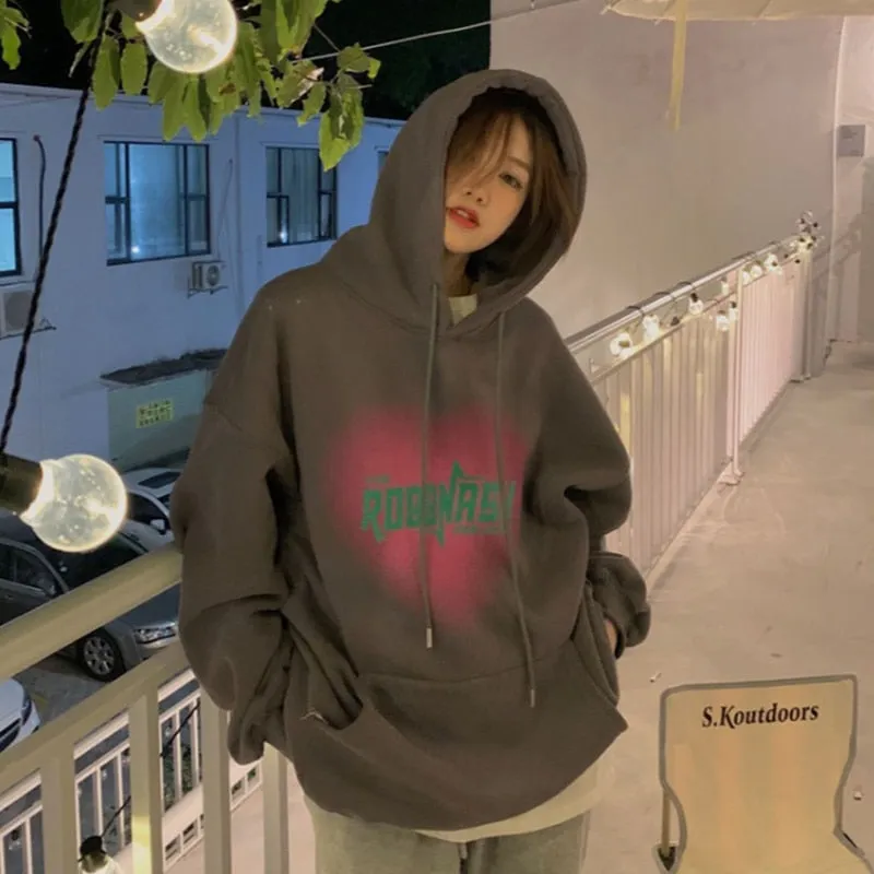 Fashionkova  Women's Grey Fashion Letter Printing Baggy Pullover Pocket Fleece Thicken Sweatshirt Lazy Casual Raglan Sleeves Hoodie Winter