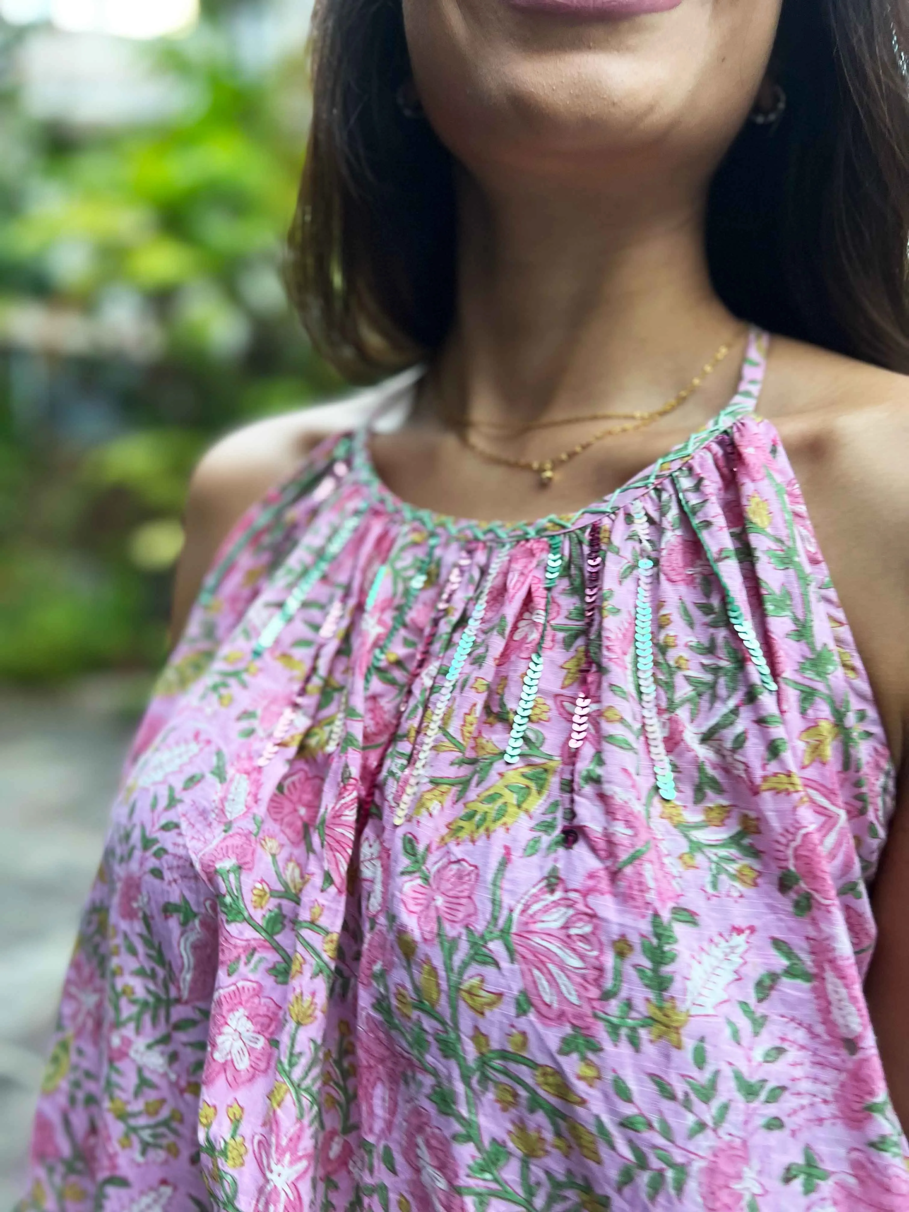 Floral Blockprinted Shift Dress with Sequins