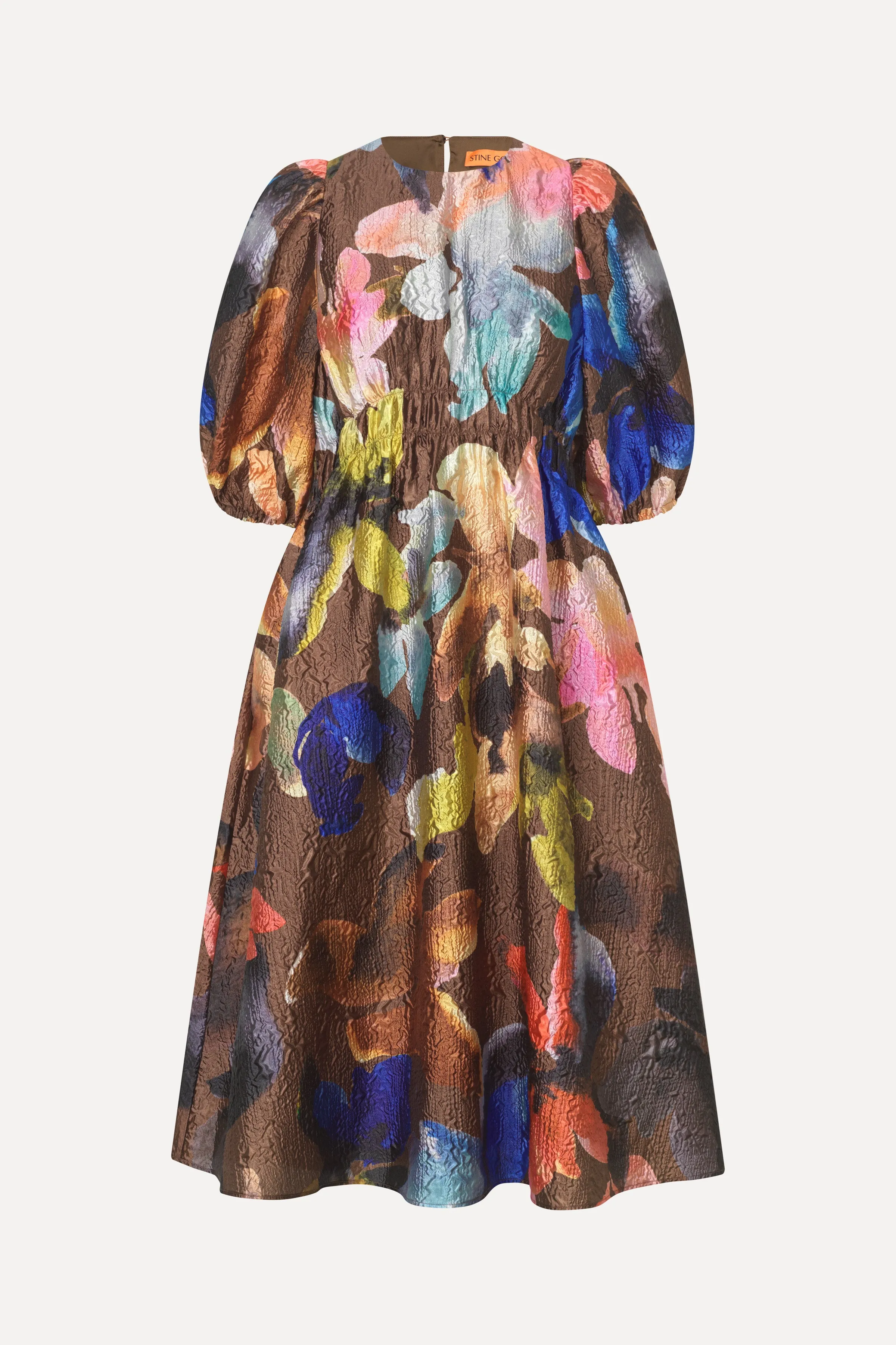 Gathered Waist Channel Midi Dress - Aquarelle Garden