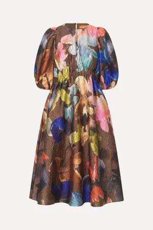 Gathered Waist Channel Midi Dress - Aquarelle Garden