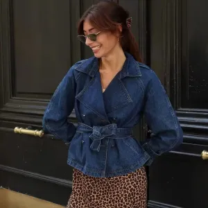 Girlary 2024 Autumn/Winter New Women's Fashion Casual Double Breasted Belt Decorative Denim Coat