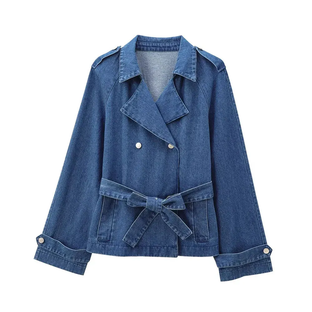 Girlary 2024 Autumn/Winter New Women's Fashion Casual Double Breasted Belt Decorative Denim Coat