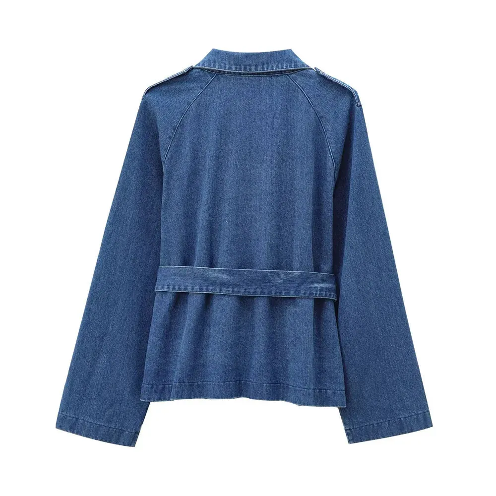 Girlary 2024 Autumn/Winter New Women's Fashion Casual Double Breasted Belt Decorative Denim Coat