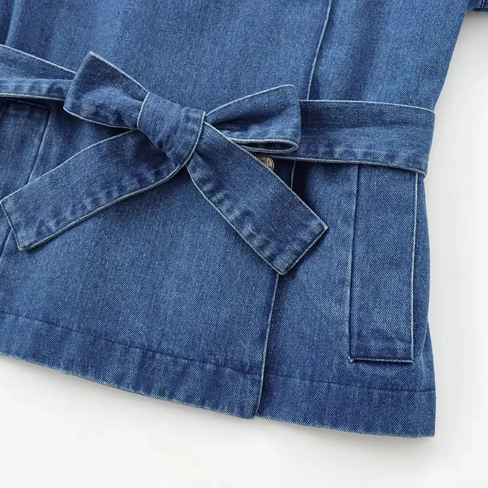 Girlary 2024 Autumn/Winter New Women's Fashion Casual Double Breasted Belt Decorative Denim Coat