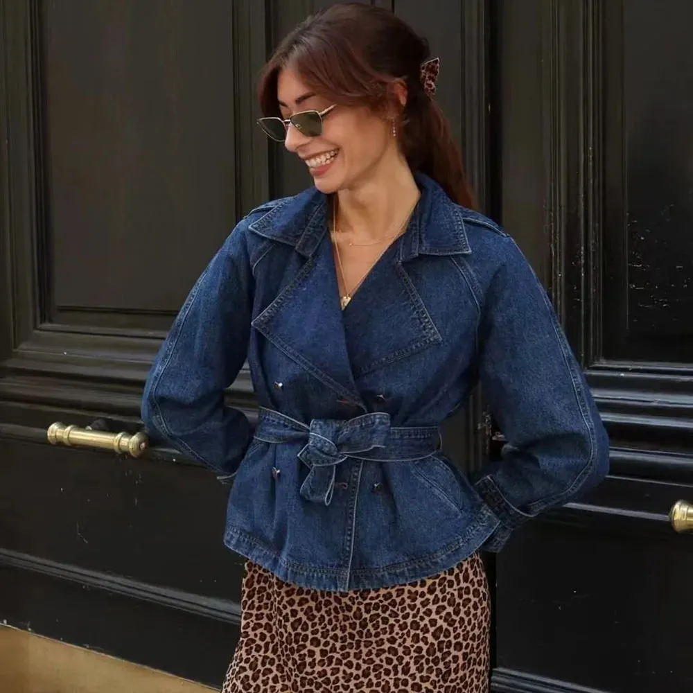 Girlary 2024 Autumn/Winter New Women's Fashion Casual Double Breasted Belt Decorative Denim Coat
