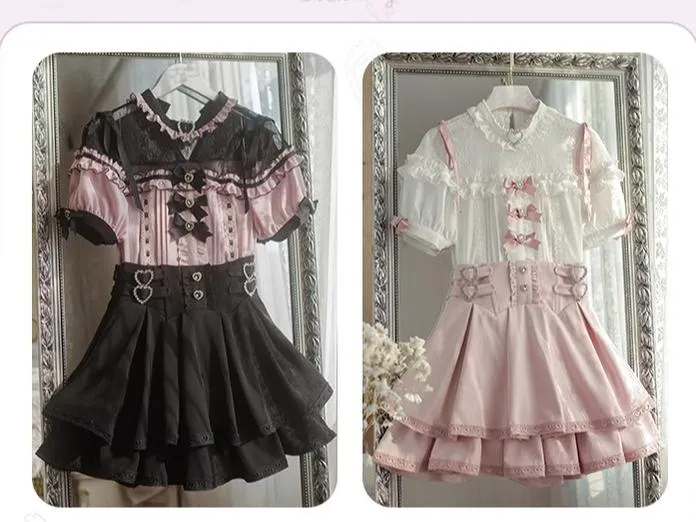 Jirai Kei Blouse Heart Button Shirt Black Double Layer Skirt