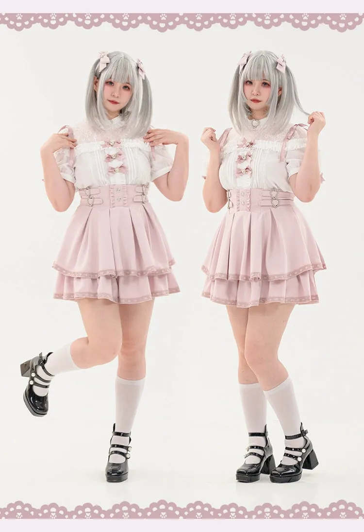 Jirai Kei Blouse Heart Button Shirt Black Double Layer Skirt