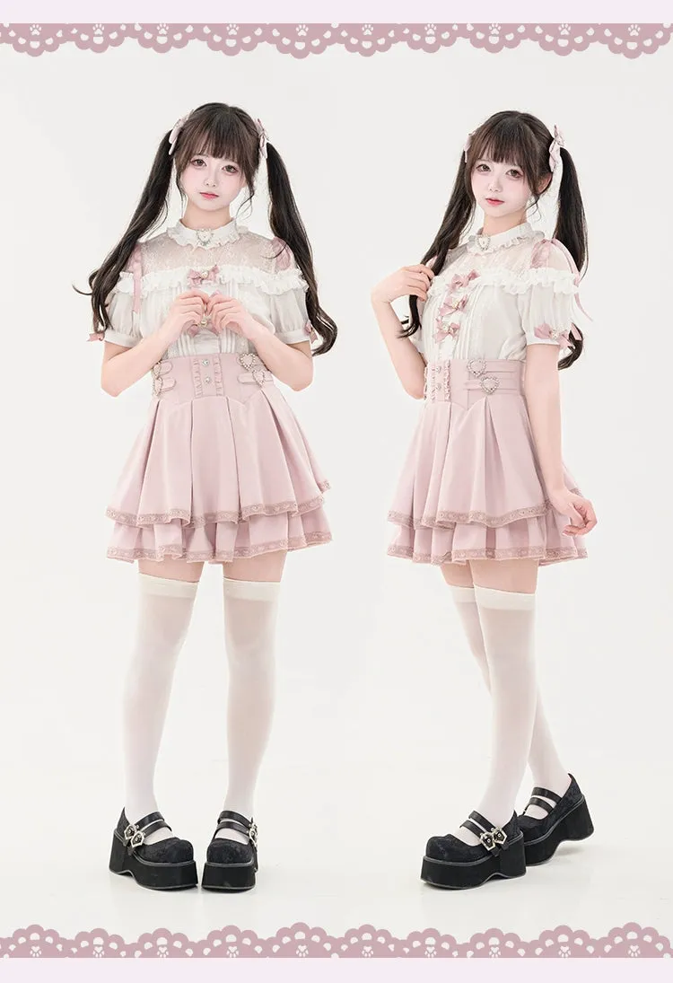 Jirai Kei Blouse Heart Button Shirt Black Double Layer Skirt