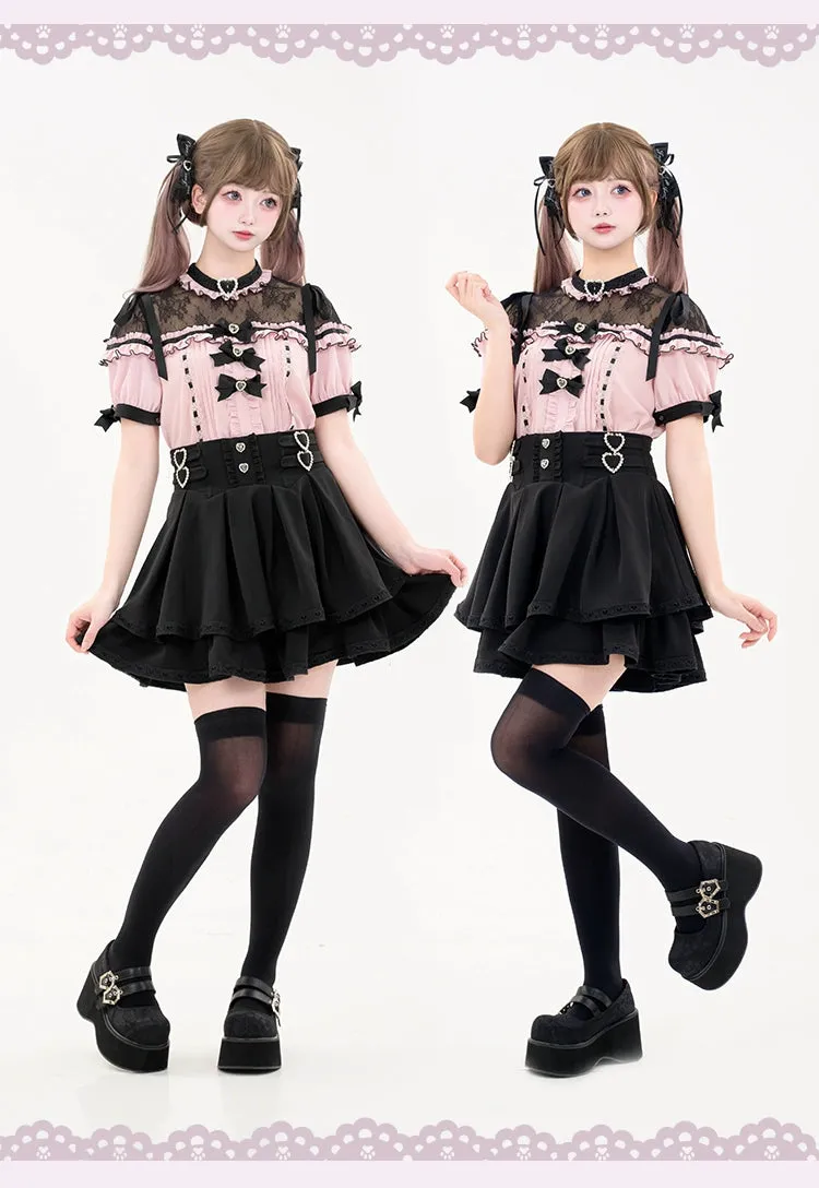 Jirai Kei Blouse Heart Button Shirt Black Double Layer Skirt