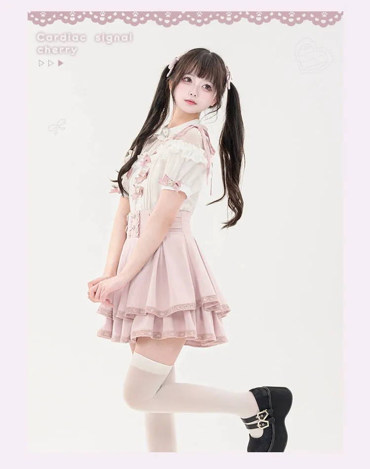 Jirai Kei Blouse Heart Button Shirt Black Double Layer Skirt