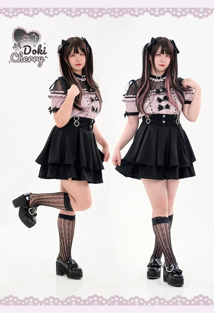 Jirai Kei Blouse Heart Button Shirt Black Double Layer Skirt