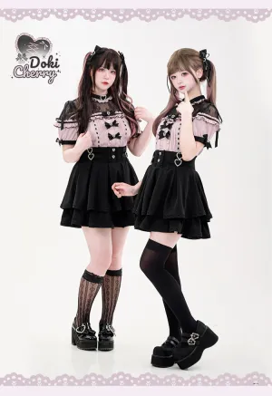 Jirai Kei Blouse Heart Button Shirt Black Double Layer Skirt