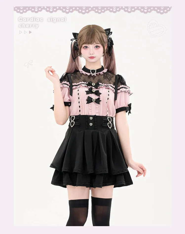 Jirai Kei Blouse Heart Button Shirt Black Double Layer Skirt