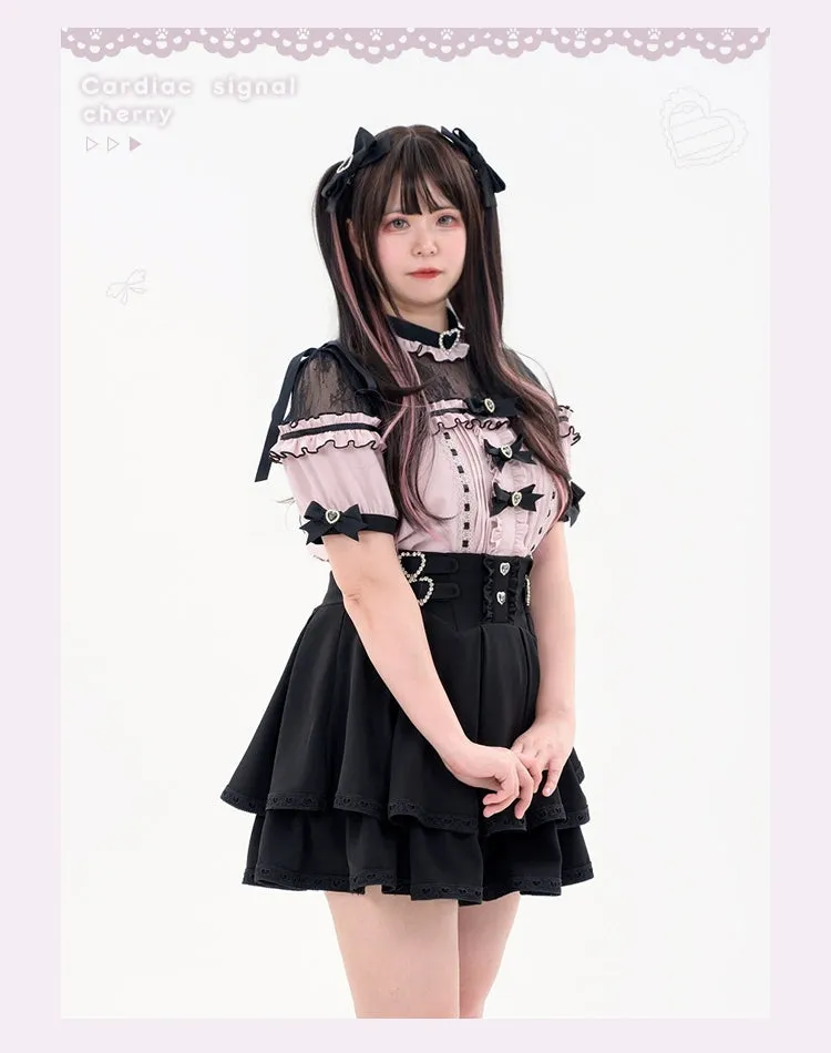 Jirai Kei Blouse Heart Button Shirt Black Double Layer Skirt