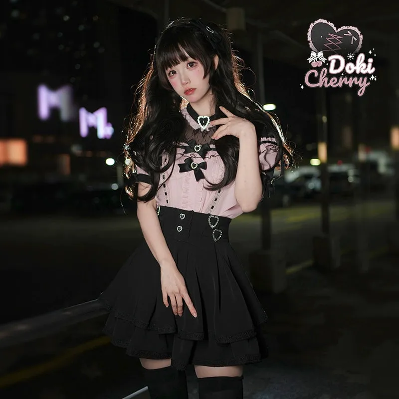Jirai Kei Blouse Heart Button Shirt Black Double Layer Skirt