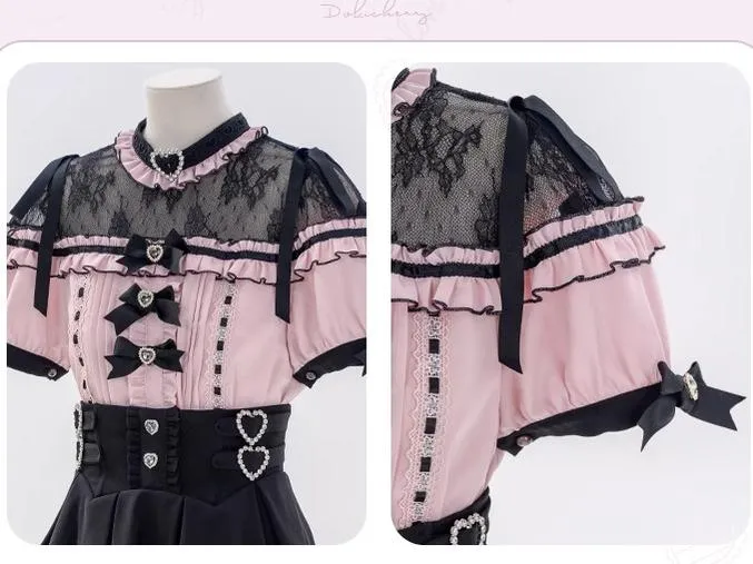 Jirai Kei Blouse Heart Button Shirt Black Double Layer Skirt