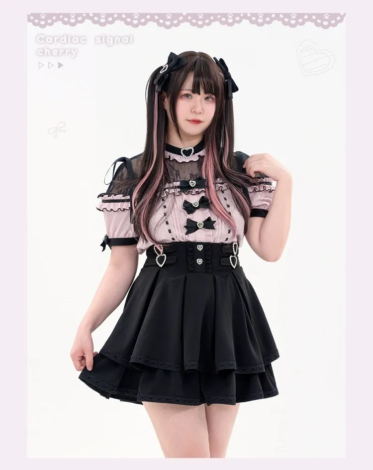 Jirai Kei Blouse Heart Button Shirt Black Double Layer Skirt