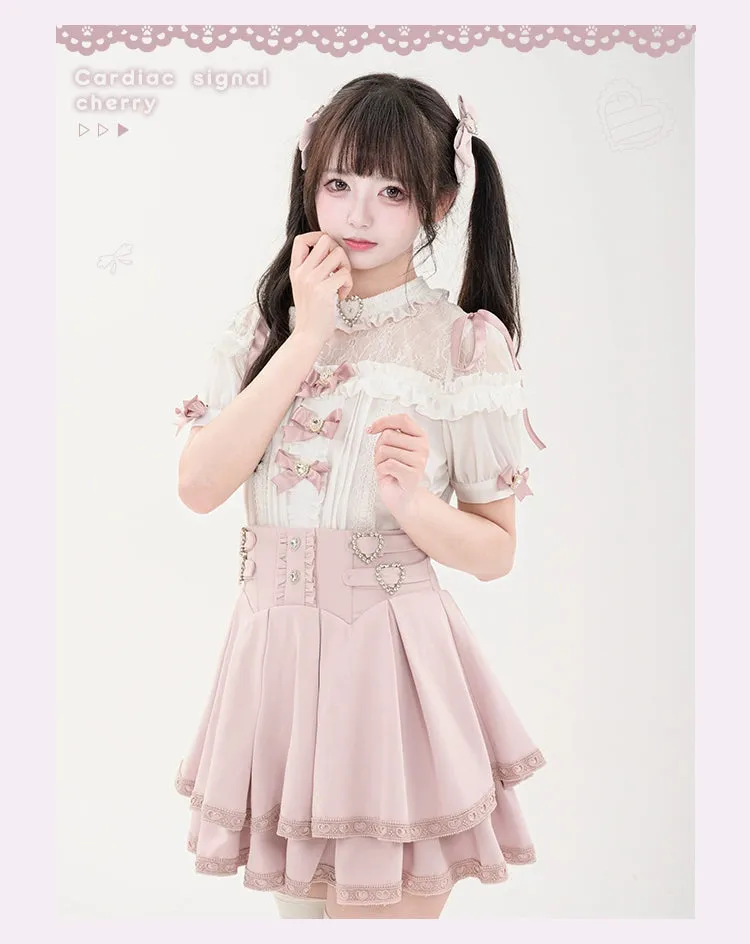 Jirai Kei Blouse Heart Button Shirt Black Double Layer Skirt