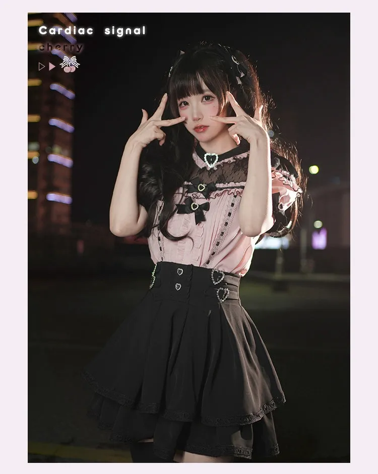 Jirai Kei Blouse Heart Button Shirt Black Double Layer Skirt