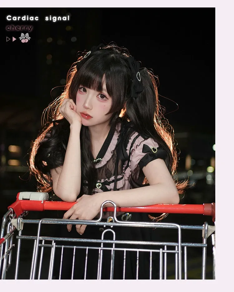 Jirai Kei Blouse Heart Button Shirt Black Double Layer Skirt