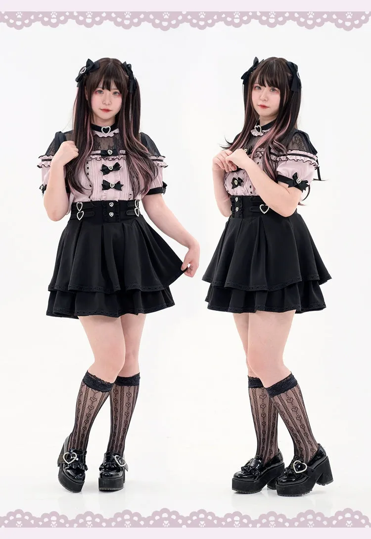 Jirai Kei Blouse Heart Button Shirt Black Double Layer Skirt