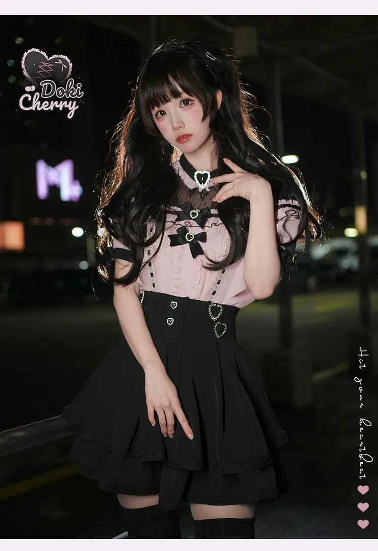 Jirai Kei Blouse Heart Button Shirt Black Double Layer Skirt