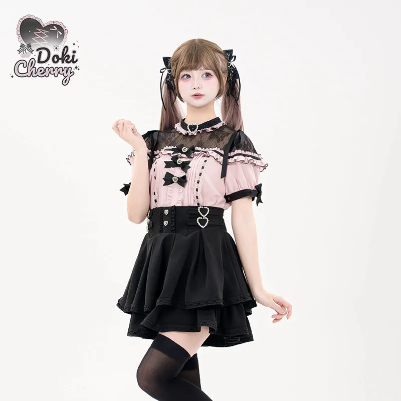 Jirai Kei Blouse Heart Button Shirt Black Double Layer Skirt