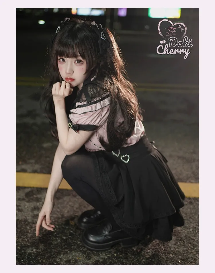 Jirai Kei Blouse Heart Button Shirt Black Double Layer Skirt