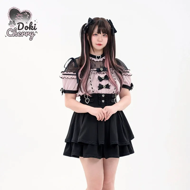 Jirai Kei Blouse Heart Button Shirt Black Double Layer Skirt