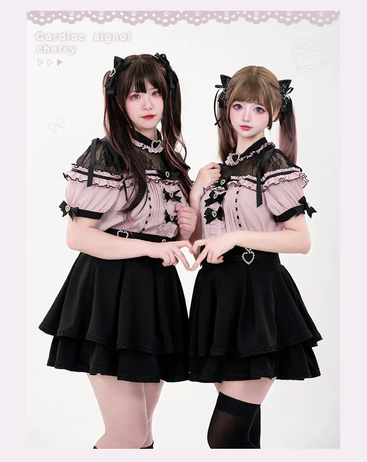 Jirai Kei Blouse Heart Button Shirt Black Double Layer Skirt