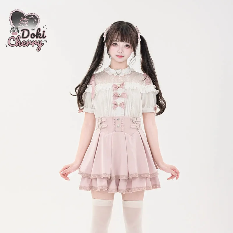 Jirai Kei Blouse Heart Button Shirt Black Double Layer Skirt