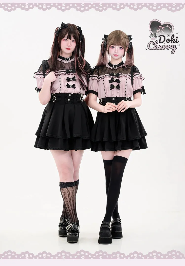 Jirai Kei Blouse Heart Button Shirt Black Double Layer Skirt