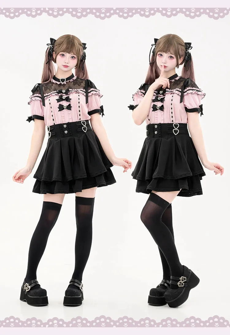 Jirai Kei Blouse Heart Button Shirt Black Double Layer Skirt