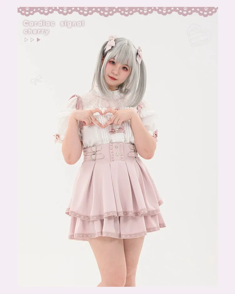 Jirai Kei Blouse Heart Button Shirt Black Double Layer Skirt