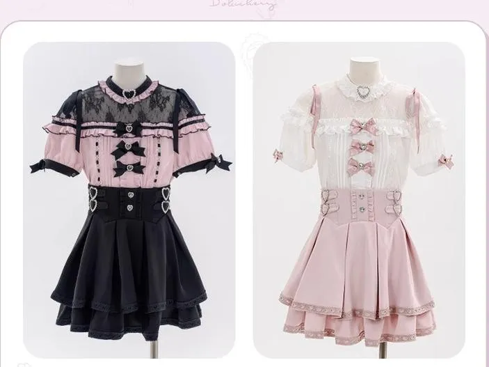 Jirai Kei Blouse Heart Button Shirt Black Double Layer Skirt