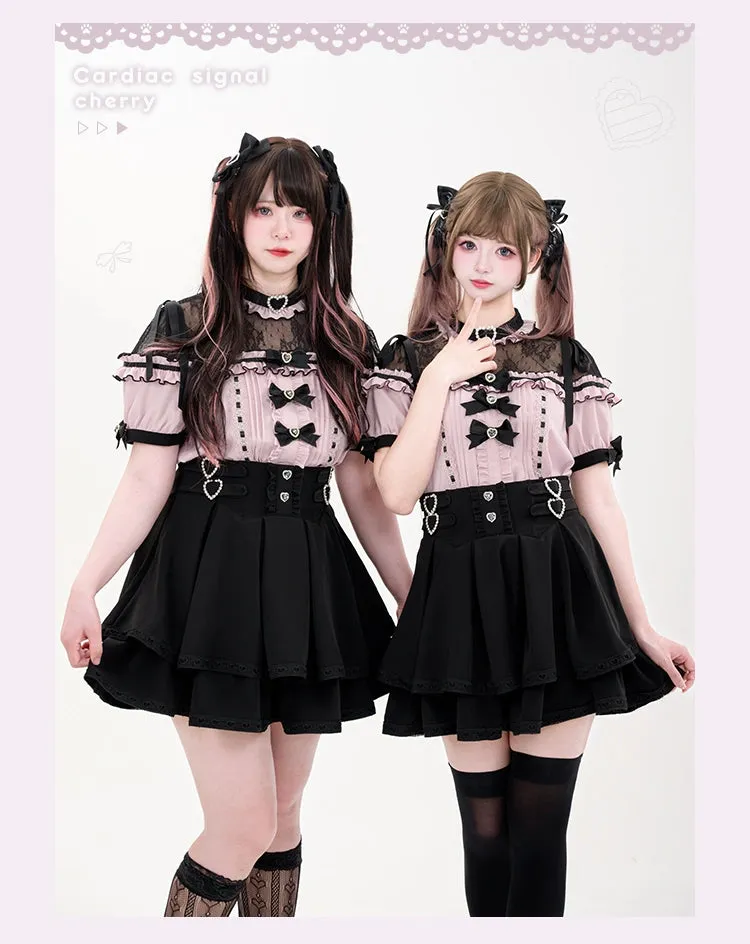 Jirai Kei Blouse Heart Button Shirt Black Double Layer Skirt