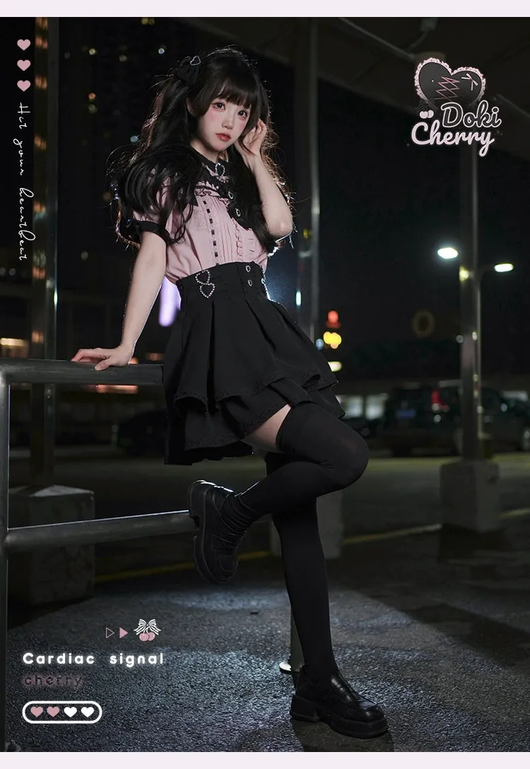 Jirai Kei Blouse Heart Button Shirt Black Double Layer Skirt