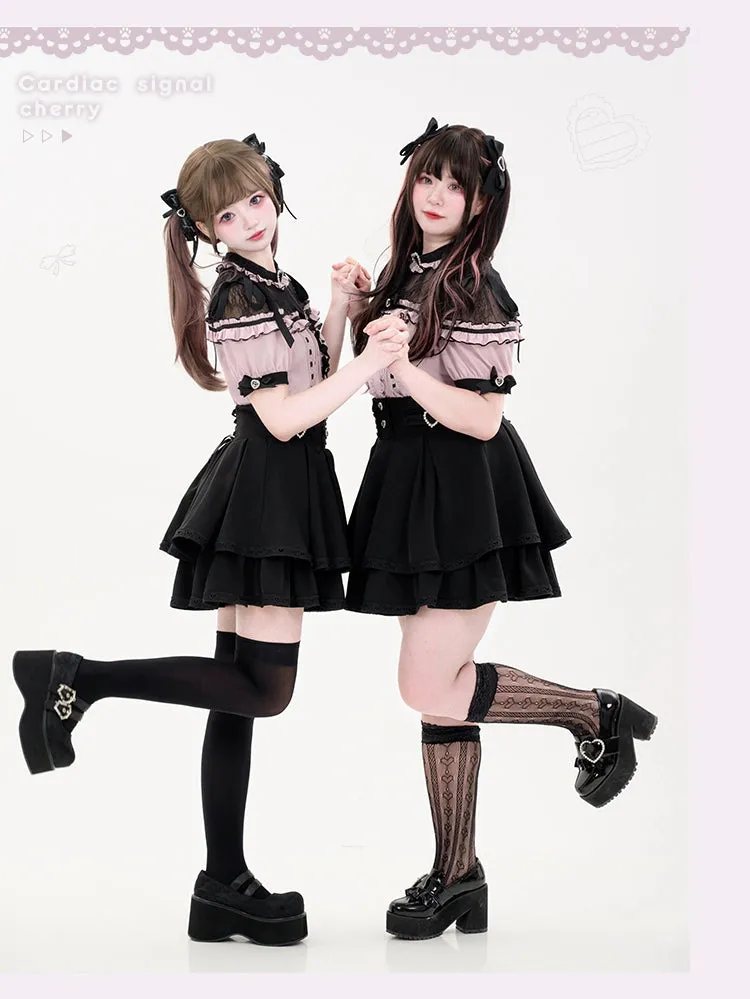 Jirai Kei Blouse Heart Button Shirt Black Double Layer Skirt