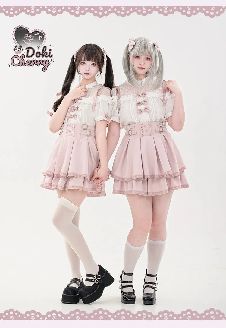 Jirai Kei Blouse Heart Button Shirt Black Double Layer Skirt