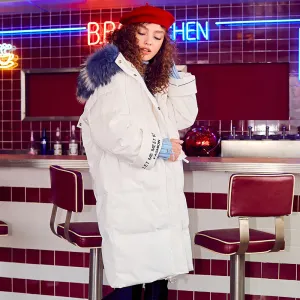 MAXMARTIN LONGLINE WHITE PADDED COAT WITH BLUE FAUX FUR HOOD