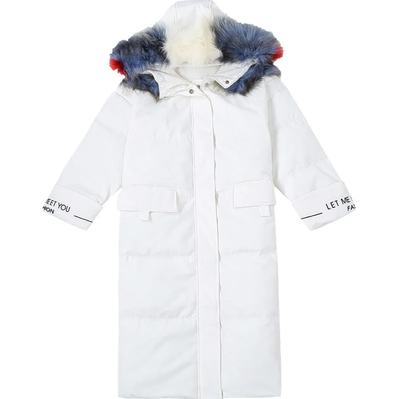 MAXMARTIN LONGLINE WHITE PADDED COAT WITH BLUE FAUX FUR HOOD